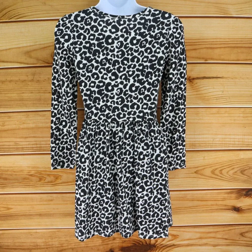 The Children's Place A-Line Dress Long Sleeves Girls L 10-12 Black Cheetah Print